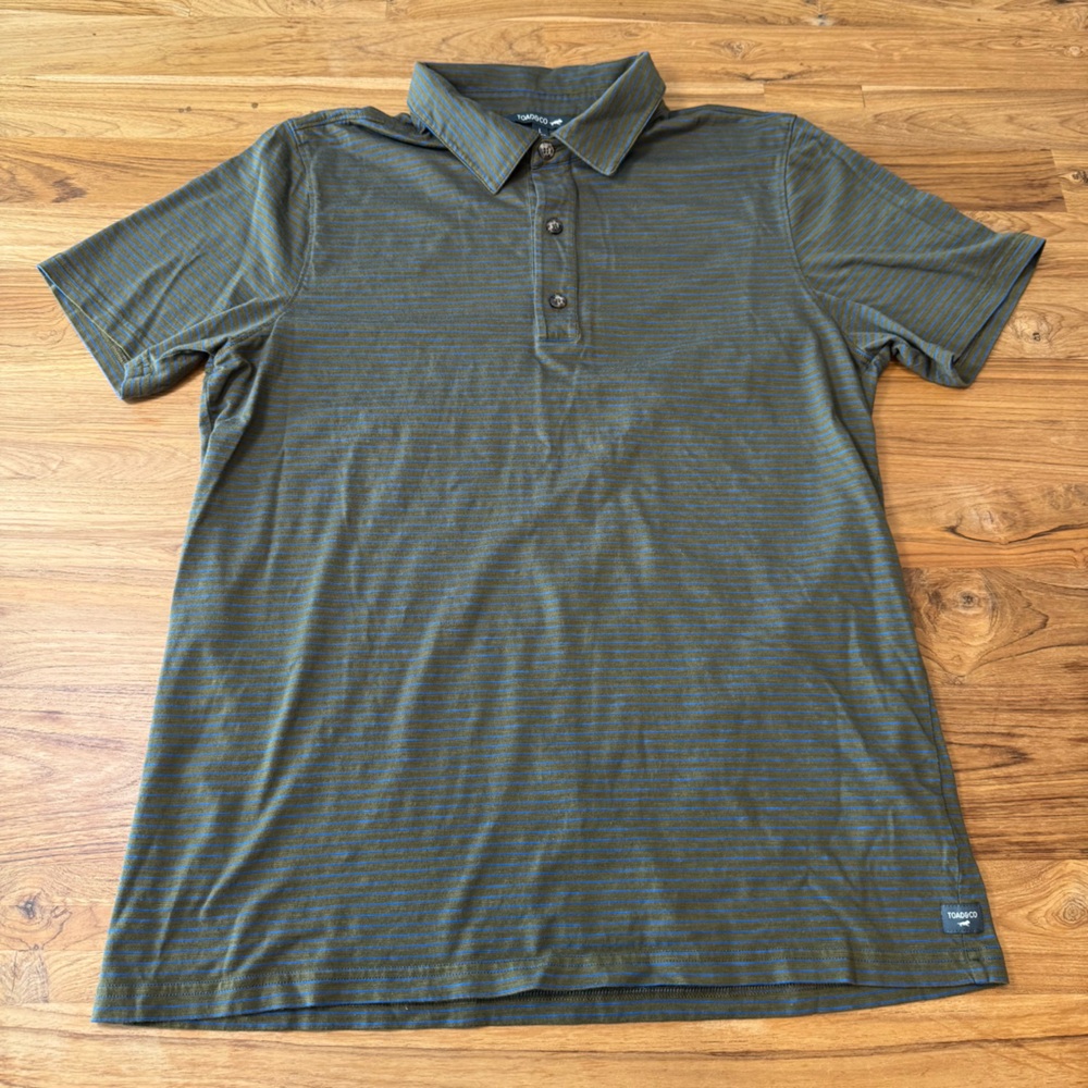 Toad & Co Polo Men’s Large Olive Green with Blue Stripes